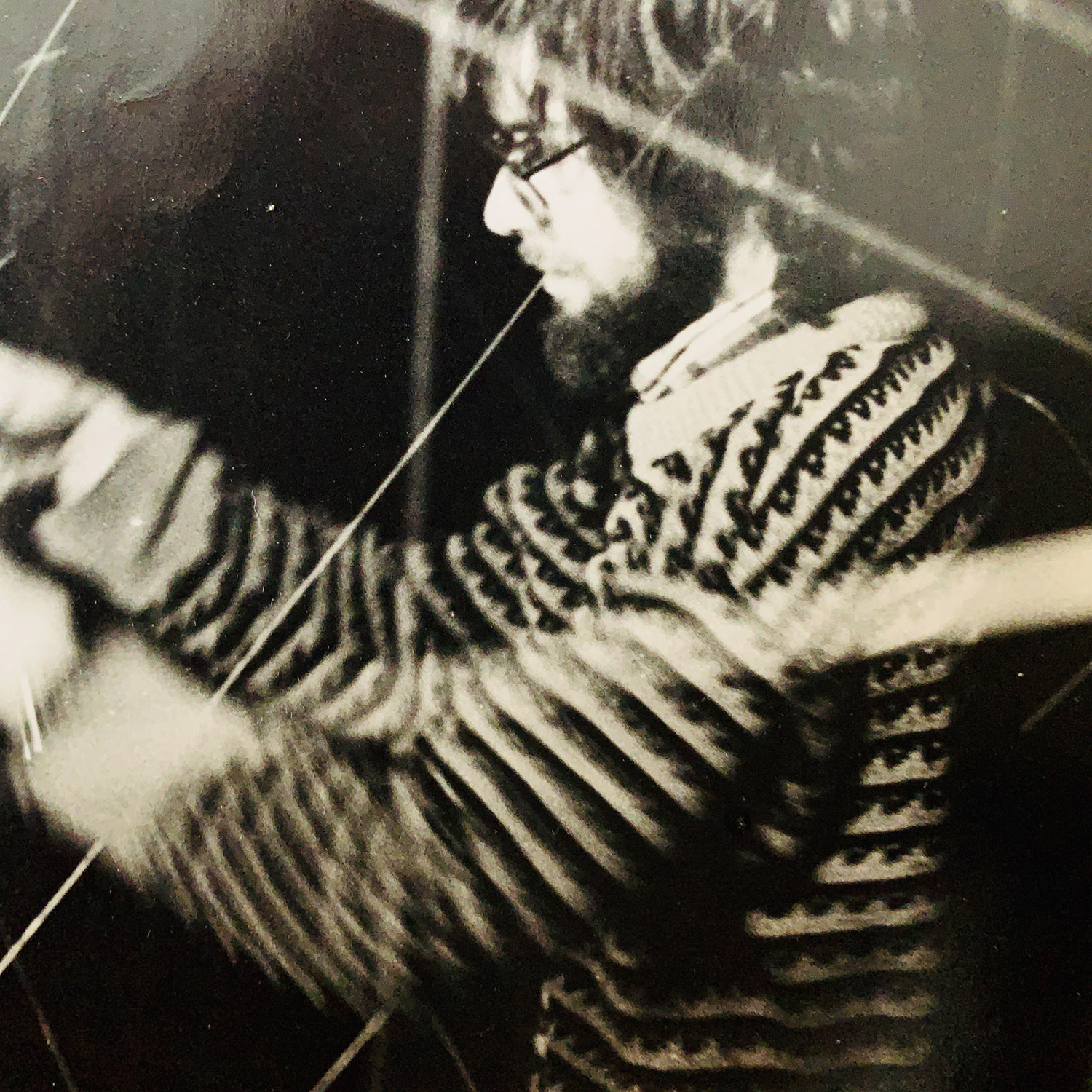 Giles Mitchell, also known as Giles Denmark, at the Sound Sculpture installation, 1973