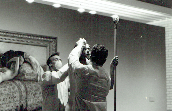 Giles Denmark being positioned as a living sculpture replicating Auguste Rodin's Spear Holder on 5 October 1995 at Minneapolis Institute of Art, MN, USA