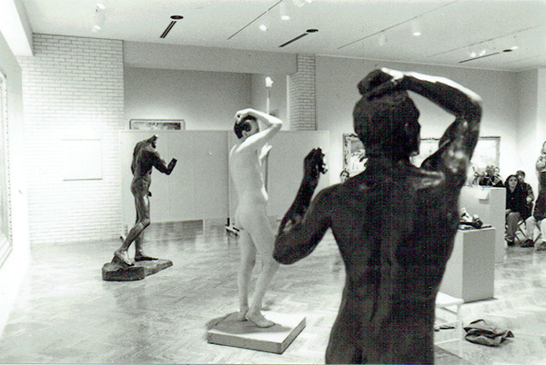 Giles Denmark performing 'The Age of Intimacy', a performance art event on Auguste Rodin's Age of Bronze at the Minneapolis Institute of Art, 5 October 1995