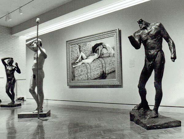 Giles Denmark performing 'The Age of Intimacy', a performance art event on Auguste Rodin's Age of Bronze at the Minneapolis Institute of Art, 5 October 1995