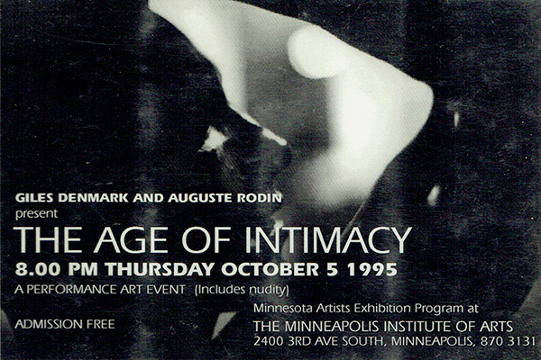 The Age of Intimacy card promoting Giles Denmark's performance art event with Auguste Rodin on 5 October 1995 at Minneapolis Institute of Art, MN, USA