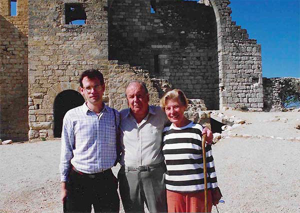 Eric Mitchell with Elizabeth Boswell and Giles Denmark Mitchell at Abbaye de Fontcalvy, near Ouveillan, Languedoc, 1989