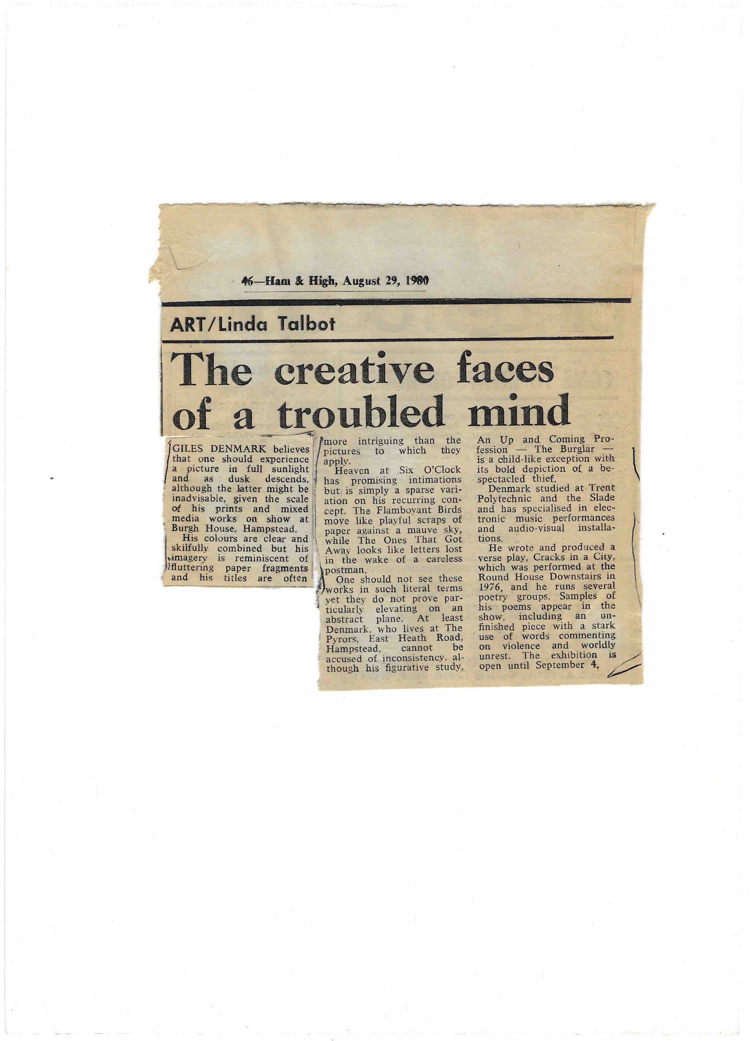 Review of Giles Denmark art exhibition at Burgh House — Ham & High, 1980