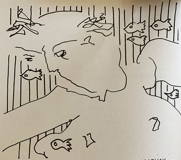 Drawing by Giles Denmark titled Goldfish Swimming by Hammersmith Broadway, 1977