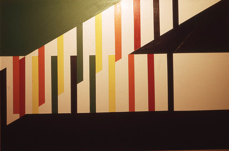 Painting of steps interacting in darker space created in 1970 by Giles Denmark Mitchell