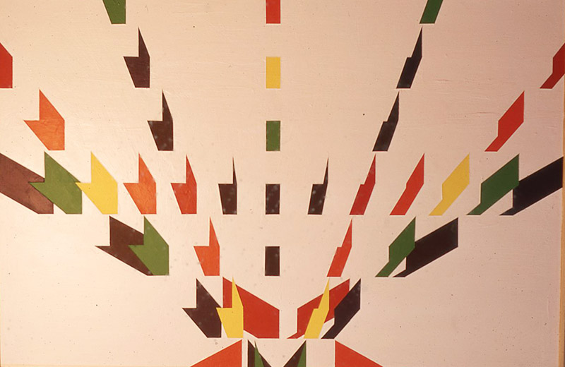 Painting of colours structures interacting in space created in 1970 by Giles Denmark Mitchell