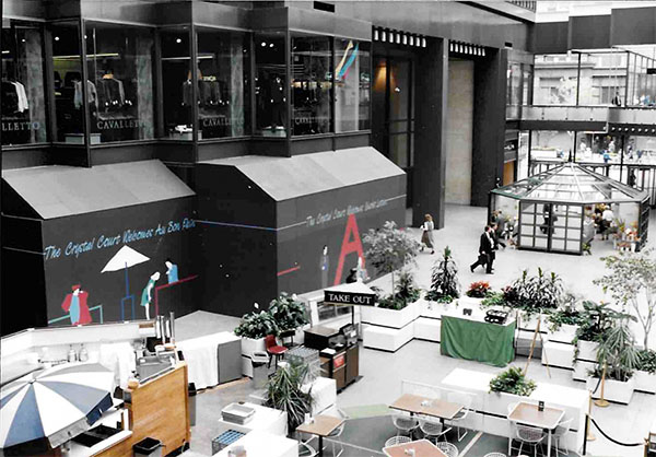 Mural with sign in Crystal Court, IDS Center, Minneapolis, by Giles Denmark