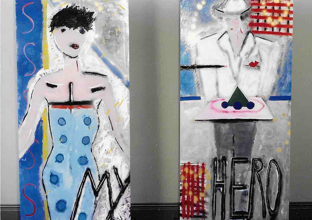 My Hero — 2 large paintings on glass by Giles Denmark Mitchell 1983–4