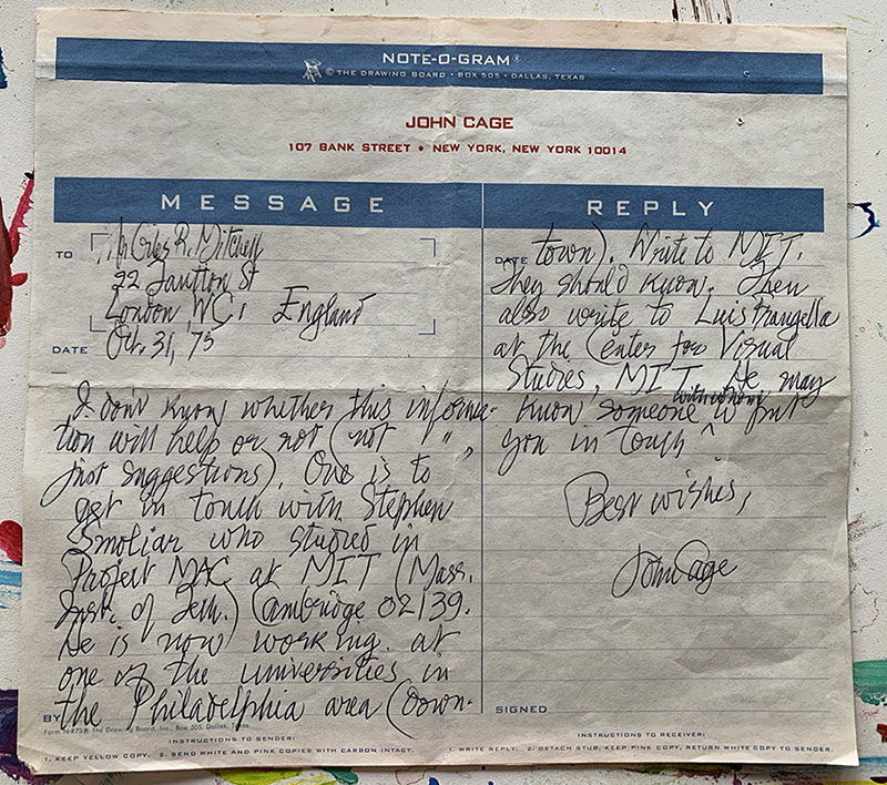 Letter from John Cage to Giles Mitchell, 1975, about MIT contacts