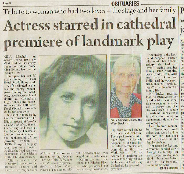Obituary of Nina Mitchell (Nina Evans) — Camden New Journal, 27 October 2011