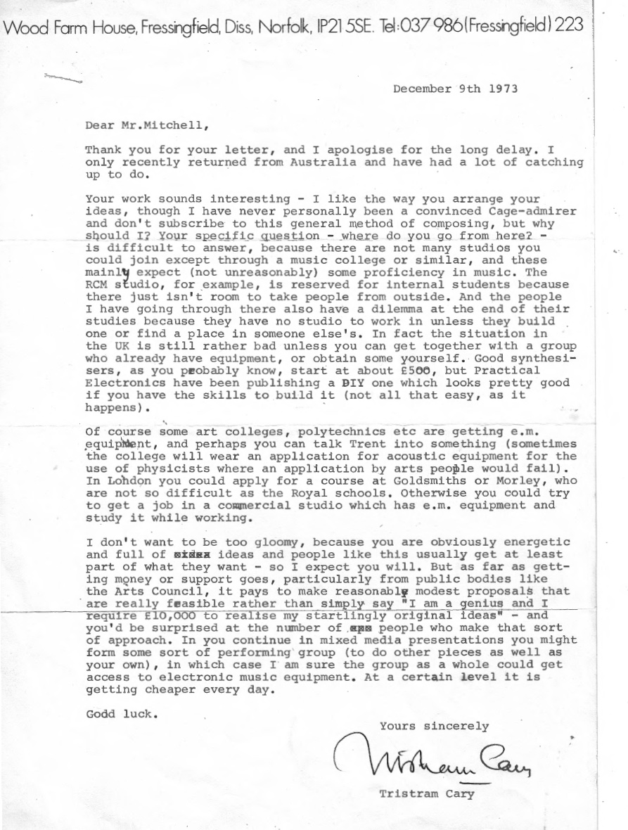 Letter from British-Australian composer Tristram Cary to Giles Mitchell, 1973